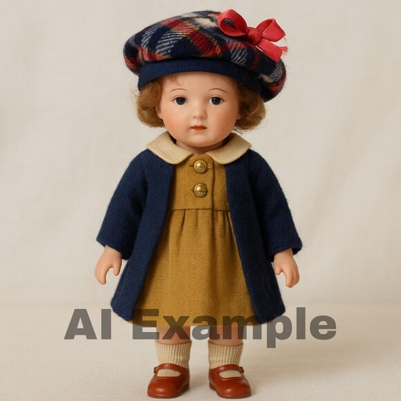 Vintage Doll Hat Beret Plaid Tartan Small Baby Flannel Bow Scottish Accessory - Picture 9 of 9